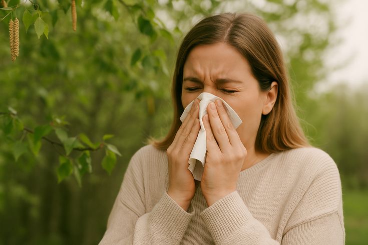 Woman sneezing into a tissue beside a birch tree in pollen season