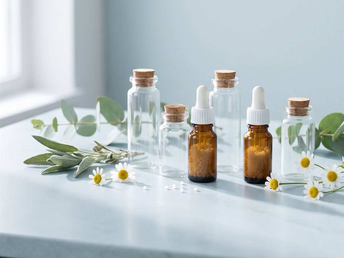 Homeopathic remedy bottles and globules with chamomile, sage and eucalyptus on a marble surface