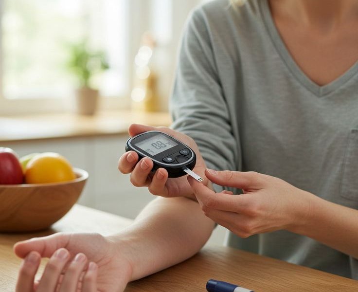 Person checking their blood sugar at a kitchen table beside a bowl of fresh fruit