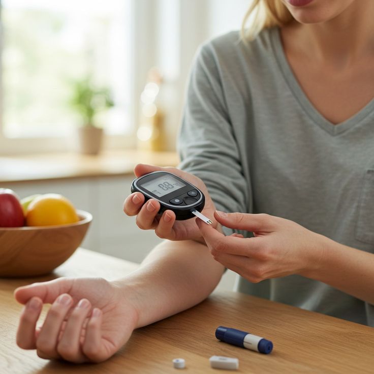 Person checking their blood sugar at a kitchen table beside a bowl of fresh fruit