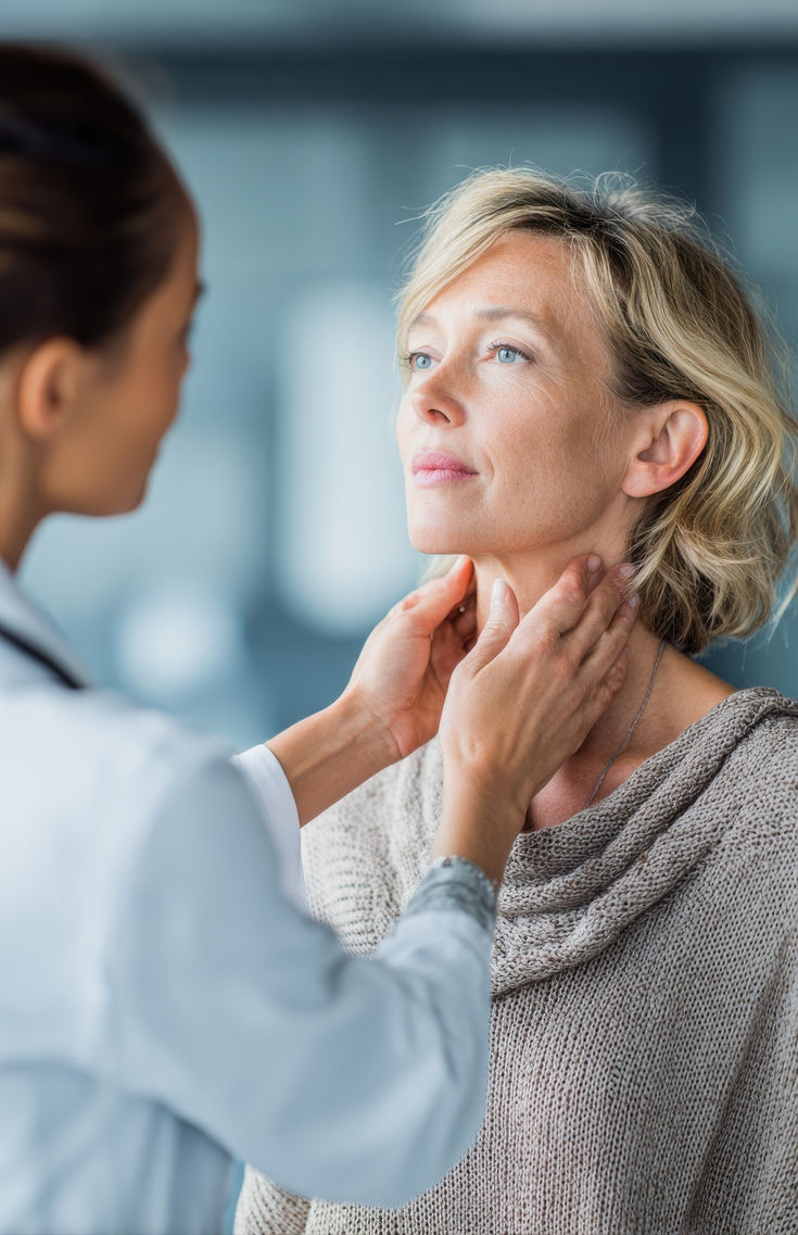 A clinician gently examining a patient’s neck and thyroid during a routine check-up