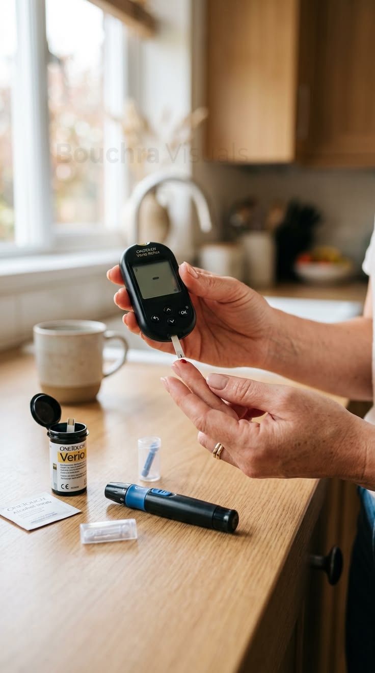 Person checking their blood sugar with a glucose meter at home