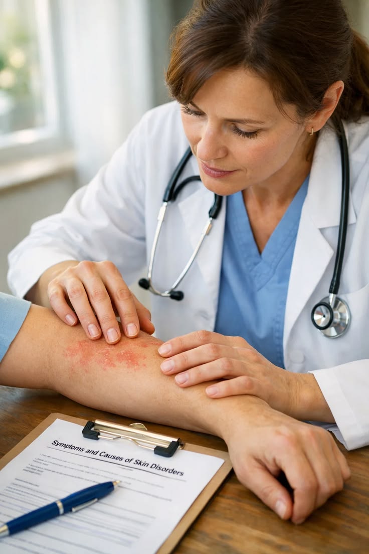 Doctor examining a patient’s skin during a consultation