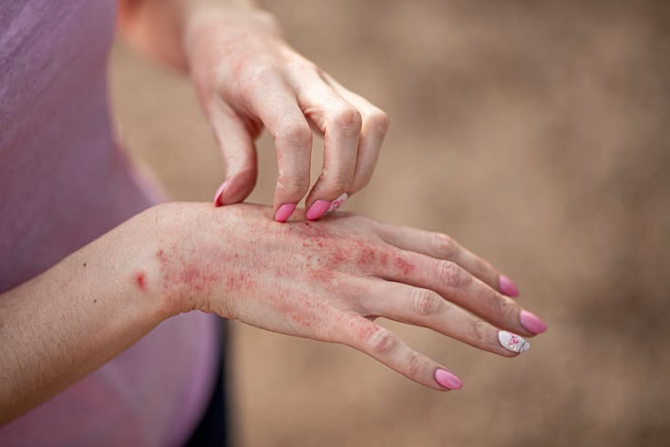 Woman scratching an inflamed eczema rash on the back of her hand